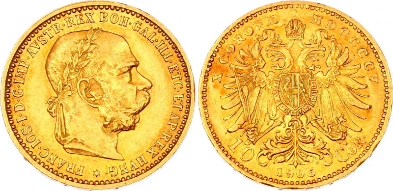 Austria 10 Corona 1905
KM# 2805; Gold (.900) 3.38 g., 19 mm.; Franz Joseph I; U...