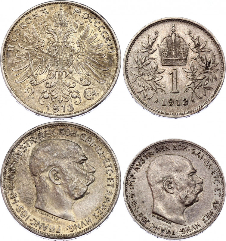 Austria 1 & 2 Corona 1913
Silver; Franz Joseph I; AUNC/UNC