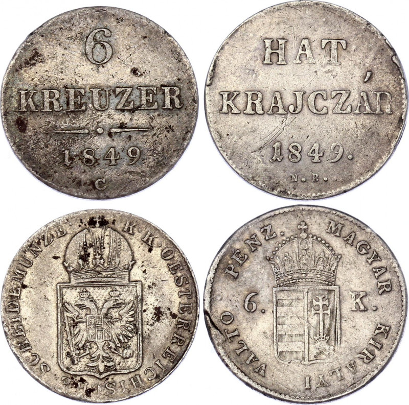 Austria - Hungary 2 x 6 Kreuzer / Krajczar 1849 C & KB
KM# 435, 2200; Silver; F...