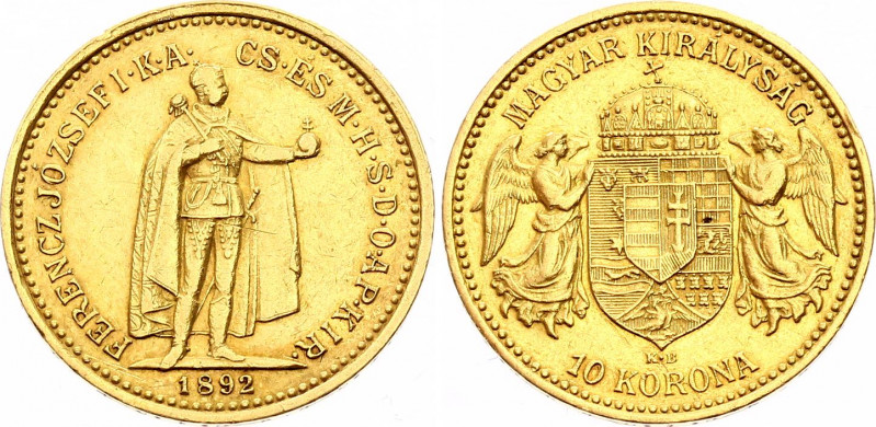 Hungary 10 Korona 1892 KB
KM# 485; Franz Joseph I; Kremnitz Mint; Gold (.900) 3...