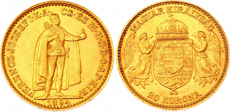 Hungary 20 Korona 1894 KB
KM# 486; Franz Joseph I, Kremnitz. Gold (.900) 6,78g....