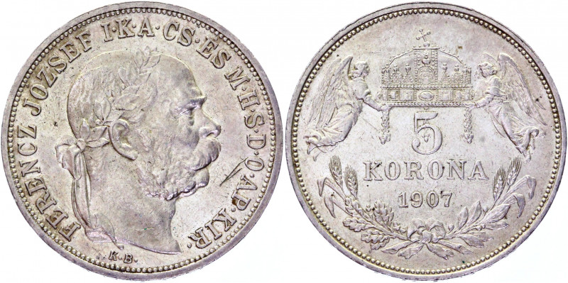 Hungary 5 Korona 1907 KB
KM# 488; Silver 24.02 g.; Franz Joseph I; Mint: Kremni...