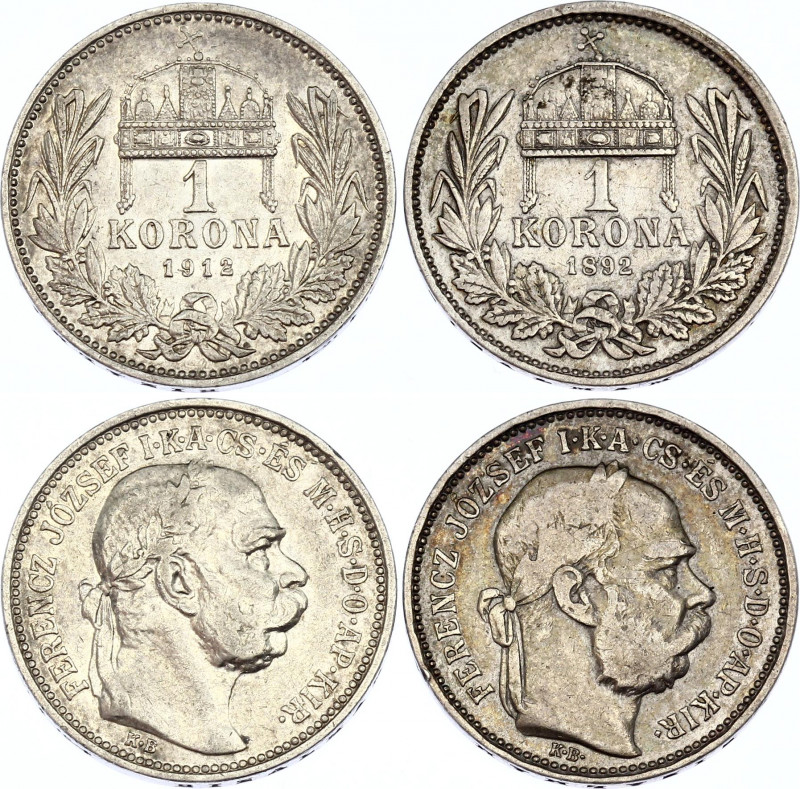 Hungary 2 x 1 Korona 1892 - 1912 KB
KM# 492; Silver; Franz Joseph I; VF+/XF-