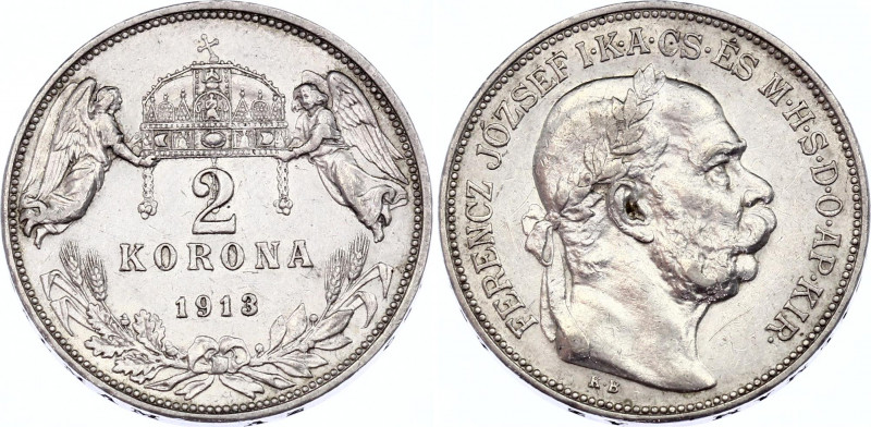 Hungary 2 Korona 1913 KB
KM# 493; Silver; Franz Joseph I. AUNC.