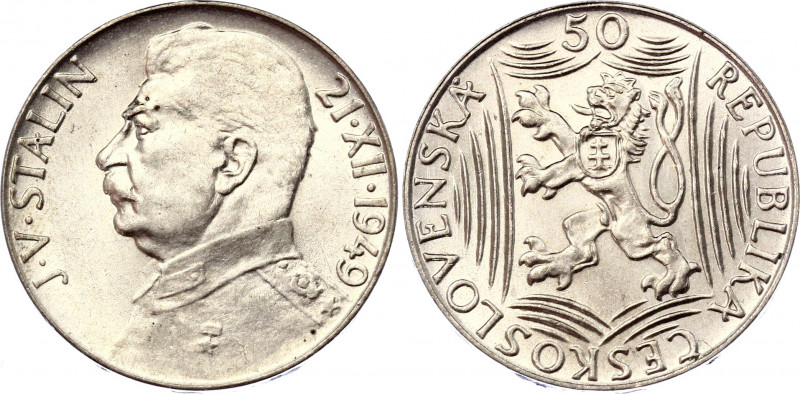 Czechoslovakia 50 Korun 1949
KM# 28; Silver; 70th Birthday - Josef V. Stalin; U...