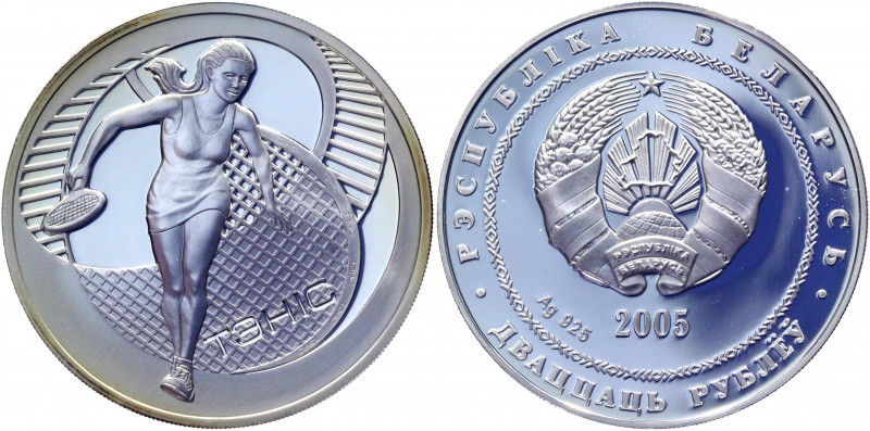 Belarus 20 Roubles 2005
KM# 102; Silver; 33.94g; 39mm; Proof; Sport - Tennis; M...