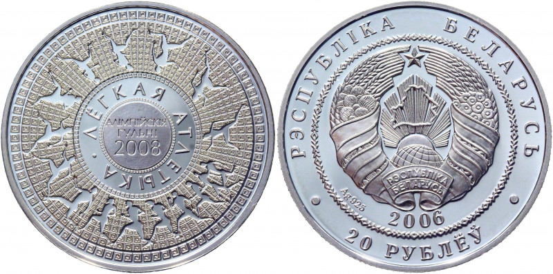 Belarus 20 Roubles 2006
KM# 360; Silver; 28.28g; 38.6mm; Proof; 2008 Olympic Ga...