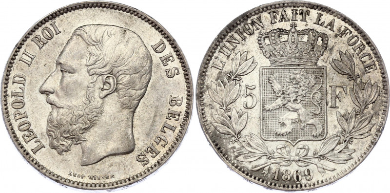 Belgium 5 Francs 1869
KM# 24; Silver; Leopold I; Leopold II; AUNC with hairline...