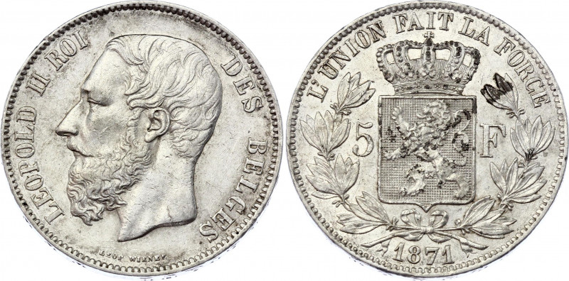 Belgium 5 Francs 1871
KM# 24; Silver; Leopold I; Leopold II; XF