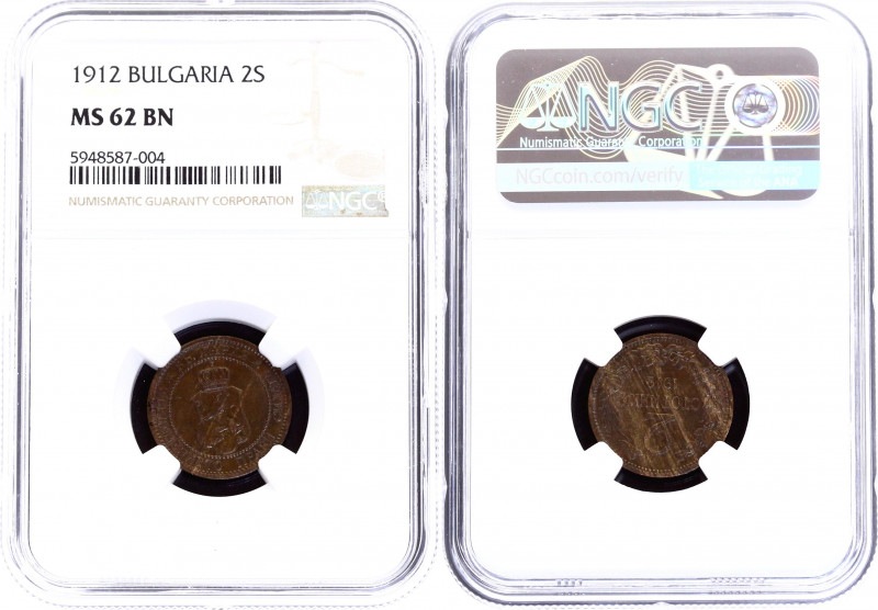 Bulgaria 2 Stotinki 1912 NGC MS 62 BN
KM# 23.2; Ferdinand I