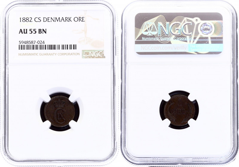 Denmark 1 Ore 1882 CS NGC AU 55 BN
KM# 792; Christian IX; AUNC