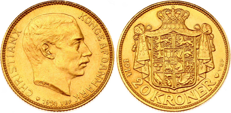 Denmark 20 Kroner 1914 VBP
KM# 817.1; Gold (.900), 8.96g. UNC. Better date.