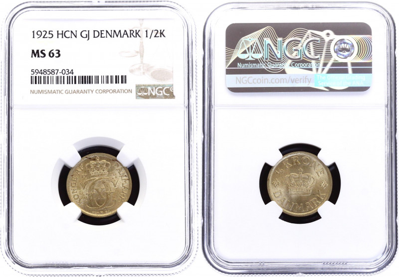 Denmark 1/2 Krone 1925 HCN GJ NGC MS 63
KM# 831; Christian X