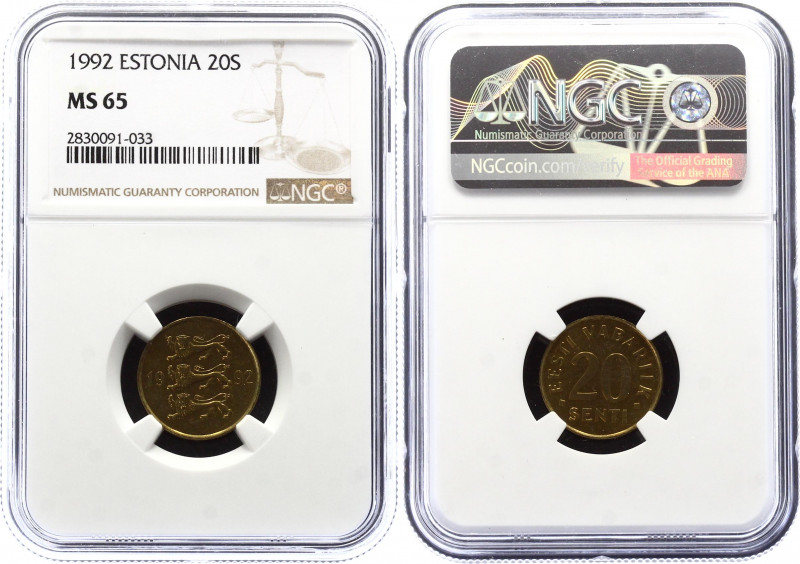 Estonia 20 Senti 1992 NGC MS65
KM# 23; Aluminium-bronze, UNC.