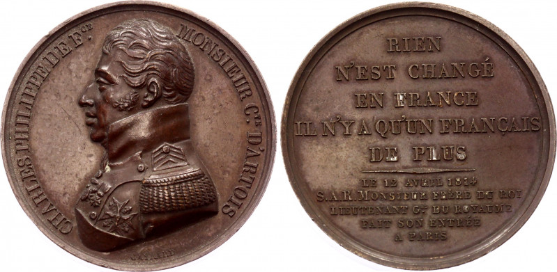 France Bronze Medal "Charles Philippe de France" 1814
Bronze 37.98 g., 40 mm.; ...