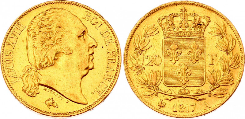 France 20 Francs 1817 A
KM# 712; Gold (.900), 6,41g.; Louis XVIII. AUNC, mint l...