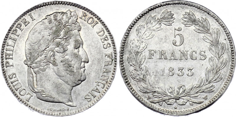 France 5 Francs 1833 W
KM# 749.13 (Lille); Silver, AUNC, mint luster.