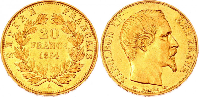 France 20 Francs 1854 A
KM# 781.1; Gold (.900) 6,45g.; Napoleon III; 2nd Empire...