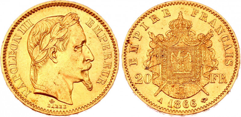 France 20 Francs 1866 A
KM# 801.1; Gold (.900) 6,45g.; Napoleon III; 2nd Empire...