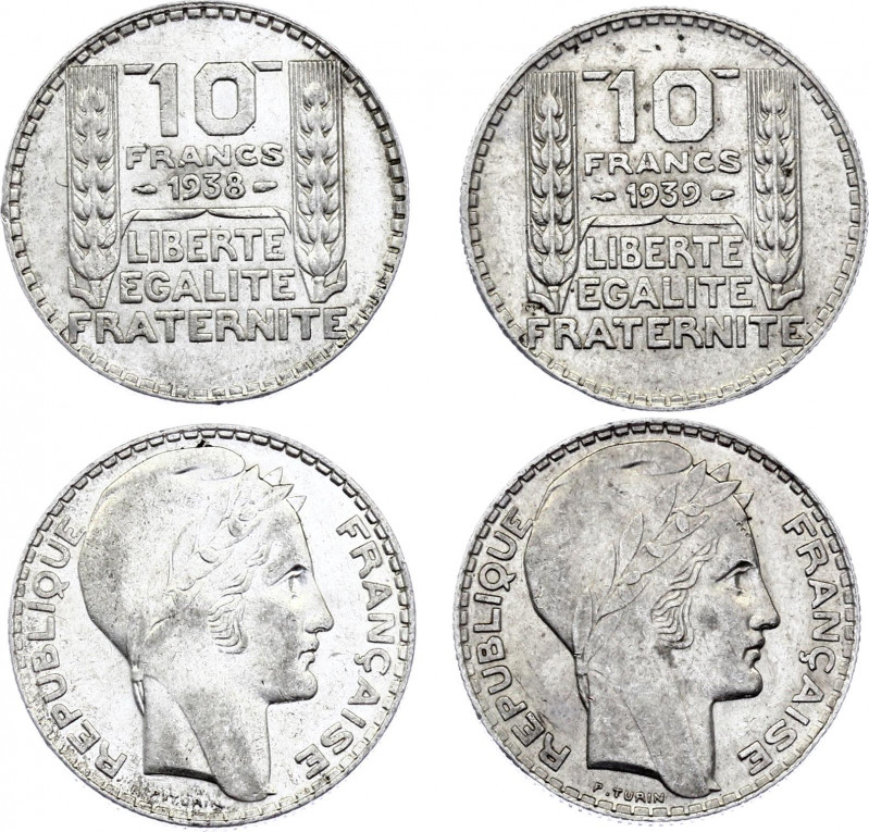 France 2 x 10 Francs 1938 - 1939
KM# 878; Silver; Various Dates