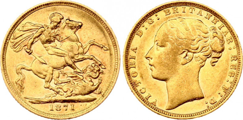 Great Britain Sovereign 1871
KM# 736; Gold (.917) 7.99g. AUNC, mint luster, rar...