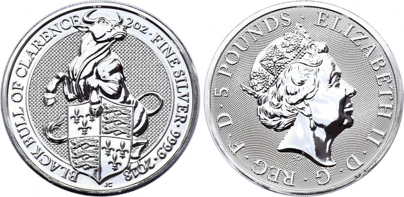 Great Britain 5 Pounds 2018
Silver (.999) 62.42g 38.61mm; The Queen's Beasts - ...