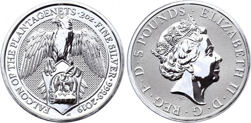 Great Britain 5 Pounds 2019
Silver (.999) 62.42g 38.61mm; The Queen's Beasts - ...