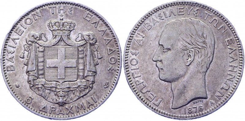 Greece 5 Drachmai 1876 A
KM# 46; Silver 24.94g.; George I; Mint luster remains;...