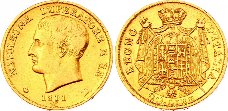 Italian States Kingdom of Napoleon 20 Lire 1811 M
KM# 11; Napoleon I; Gold (.90...