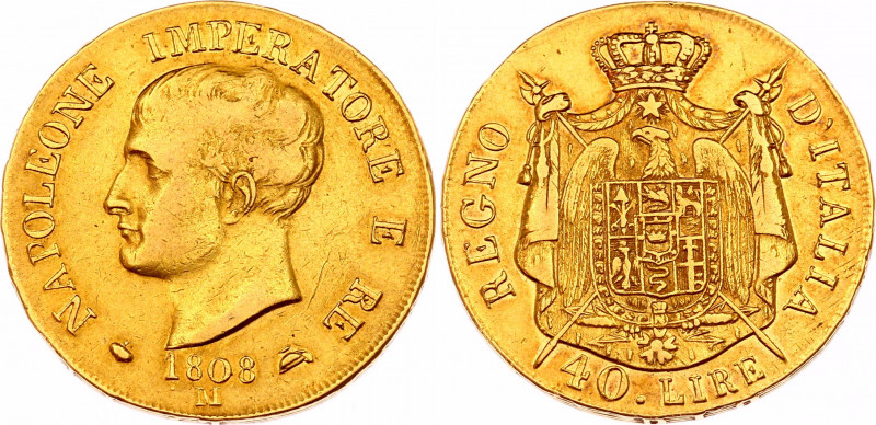 Italian States Kingdom of Napoleon 40 Lire 1808 M
KM# 12; Napoleon I; Gold (.90...