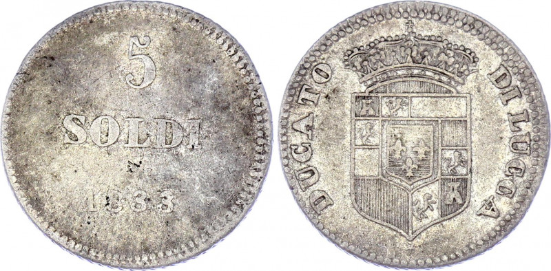 Italian States Lucca 5 Soldi 1833
KM# 38; Round top 3. Silver, VF.