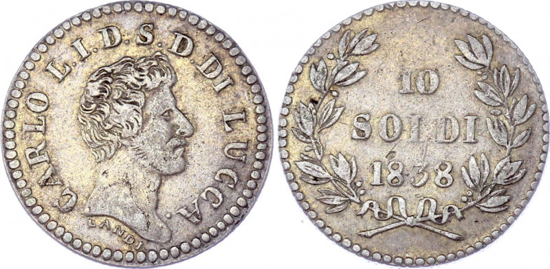 Italian States Lucca 10 Soldi 1838
KM# 39; Round top 3. Silver, VF+.