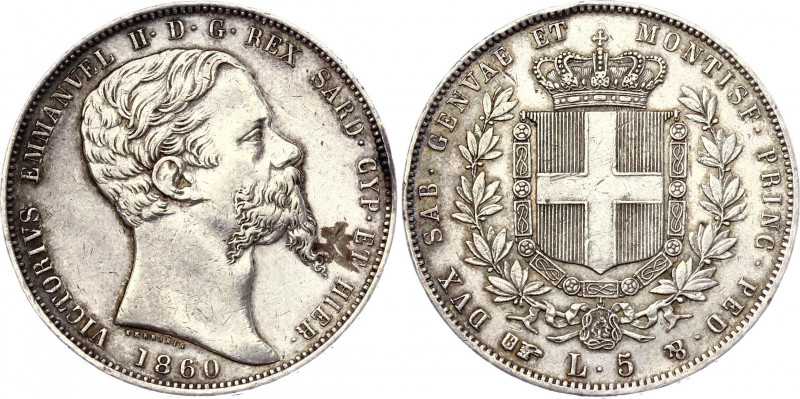 Italian States Sardinia 5 Lire 1860 B
KM# 144; Vittorio Emmanuele II, 1850-1861...