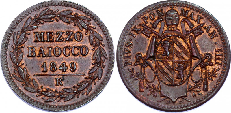 Italian States Vatican 1/2 Baiocco 1849 R
KM# 1340; Pio IX; UNC, mint luster re...