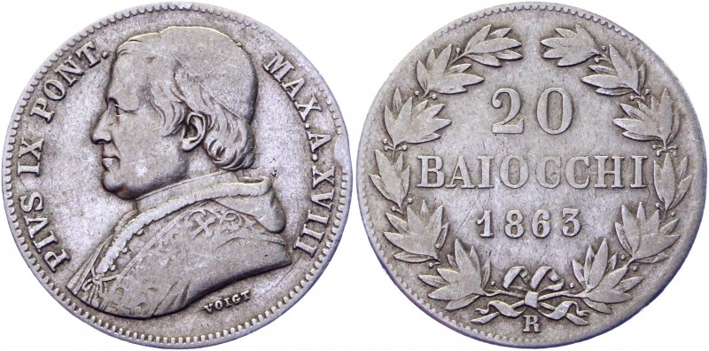 Italian States Vatican 20 Baiocchi 1863 XVIII R
KM# 1360; Silver 5.63 g.; Pius ...