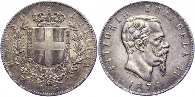 Italy 5 Lire 1877 R
KM# 8.4; Silver 24.97g.; Vittorio Emanuele II; marks of sta...