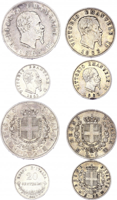 Italy 20-50 Centesimi & 1-2 Lira 1863
Vittorio Emanuele II. Silver, VF-XF.