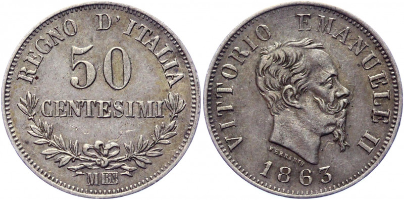 Italy 50 Centesimi 1863 MBN
KM# 14.1; Silver; Vittorio Emanuele II; XF+