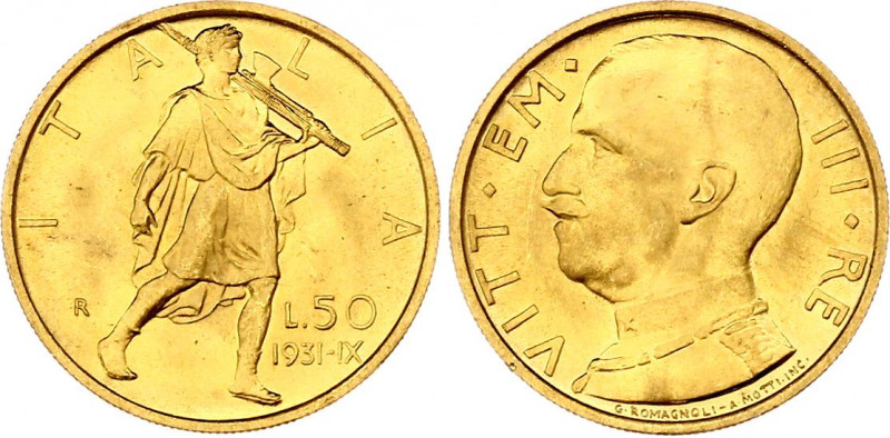 Italy 50 Lire 1931 R
KM# 71; Gold (.900), 6.45g. UNC.