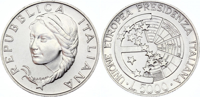 Italy 5000 Lire 1996 R
KM# 178; Silver (.835), 18g. Italian Presidency of the E...