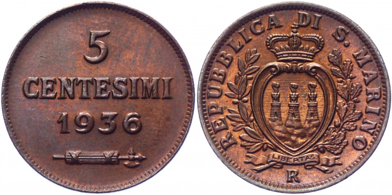 San Marino 5 Centesimi 1936 R
KM# 12; Bronze 3.20g.; UNC