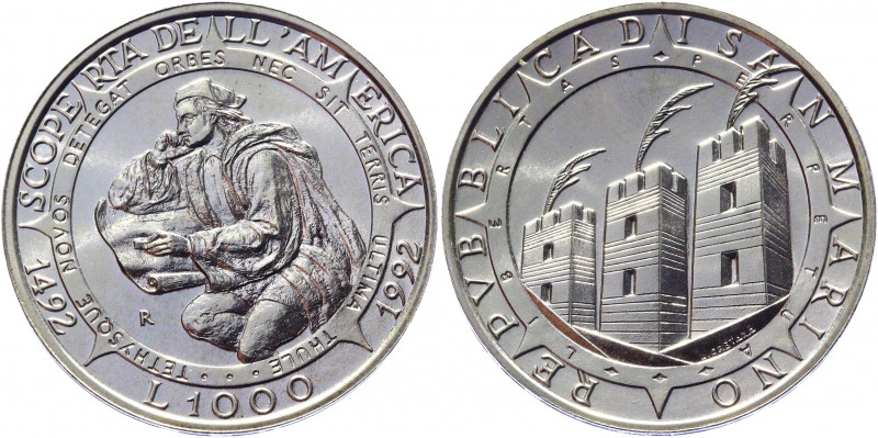 San Marino 1000 Lire 1992 R
KM# 287; Silver; 14.6g; 31.4mm; 500th Anniversary o...