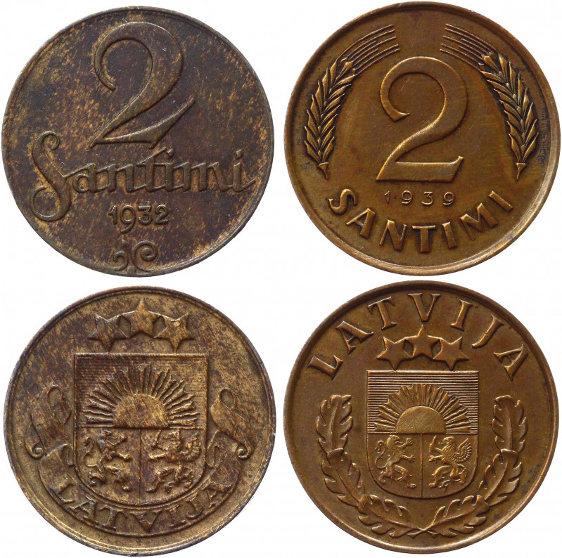 Latvia 2 x 2 Santims 1932 - 1939
KM# 2 & 11.2; Bronze; XF-AUNC