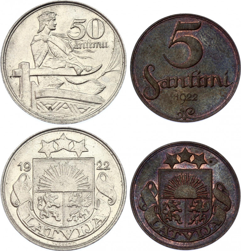 Latvia 5 & 50 Santimu 1922
KM# 3, 6