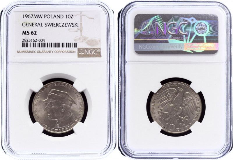 Poland 10 Zlotych 1967 MW NGC MS 62
Y# 58; 20th Anniversary - Death of General ...