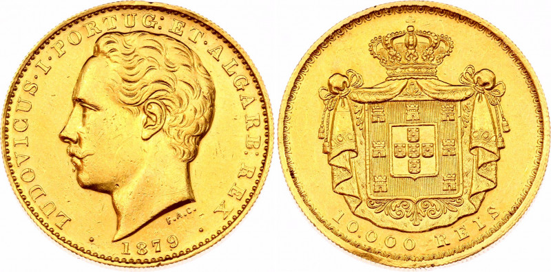 Portugal 10000 Reis 1879
KM# 520; Gold (.91666), 17.735g. Mint luster remains.