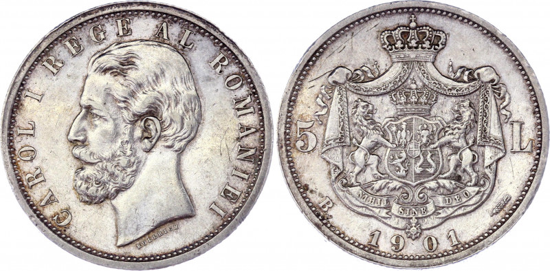 Romania 5 Lei 1901 B
KM# 17.2; Silver 24.72 g.; Carol I; AUNC