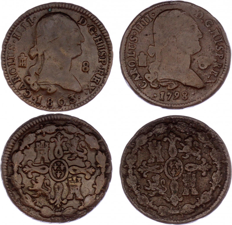 Spain 8 Maravedis 1798 & 1803
KM# 428. Carlos IV. Copper, VF-XF.