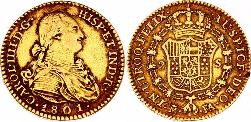 Spain 2 Escudos 1801
KM# 435.1; Gold (.875), 6.77g. XF.