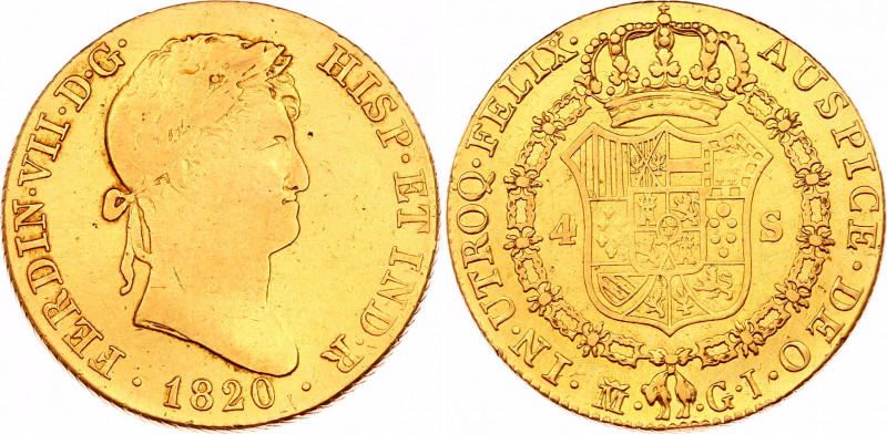 Spain 4 Escudos 1820 M GI
KM# 484; Gold (.875), 13g. XF.